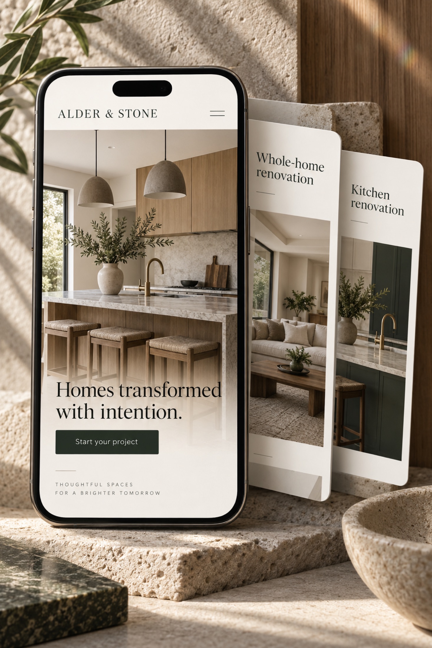 Mobile website concept for Alder and Stone Renovation