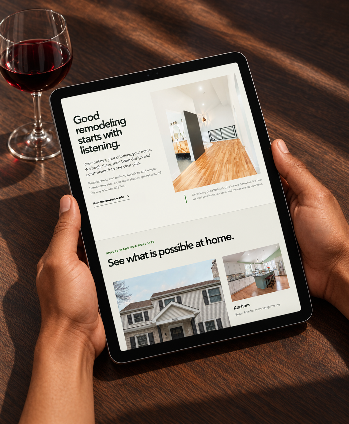 Tablet displaying a home remodeling website