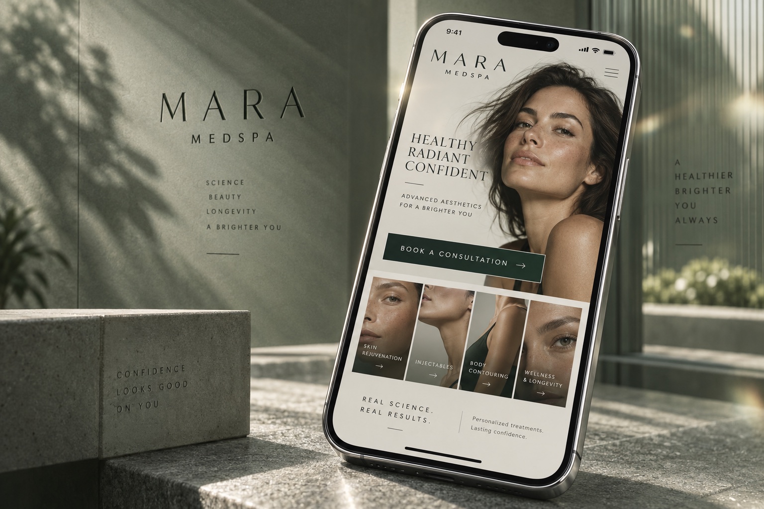 Mara Medspa website shown on a smartphone