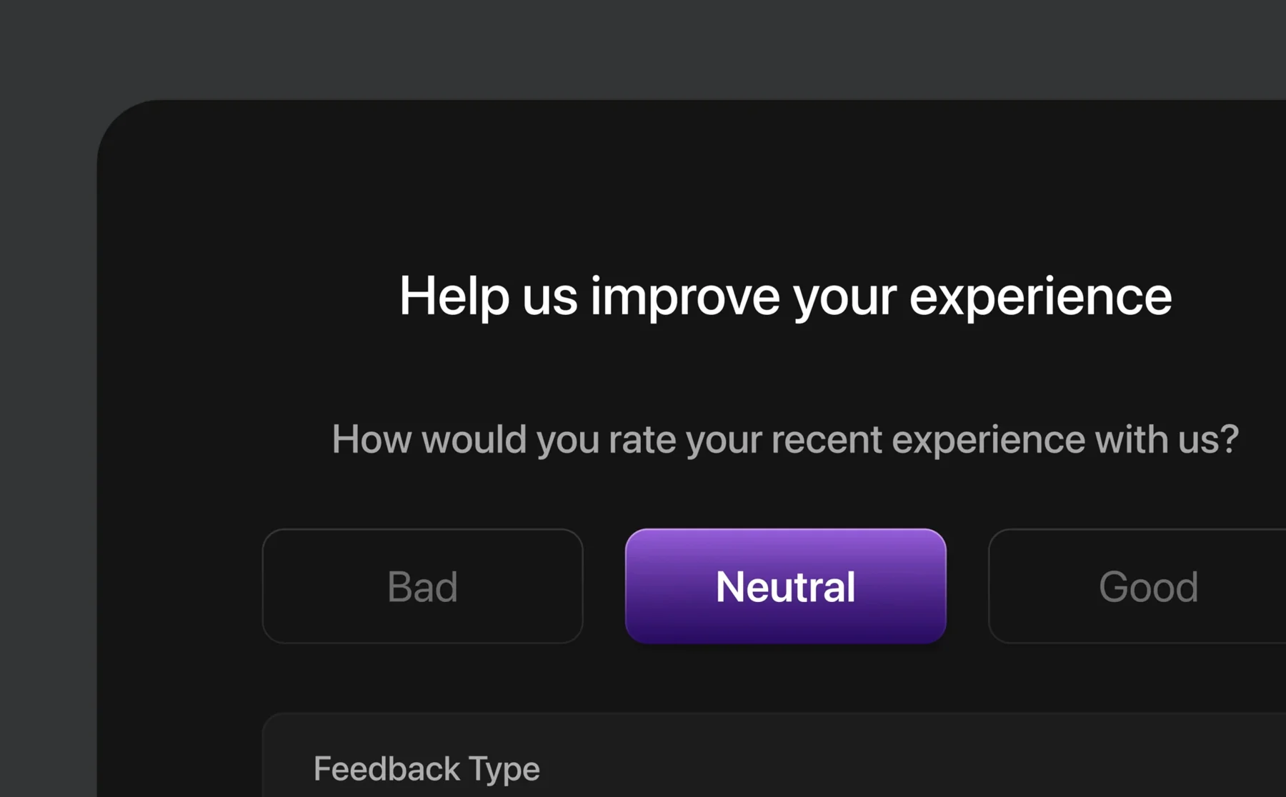 Customer feedback interface with a purple selected response